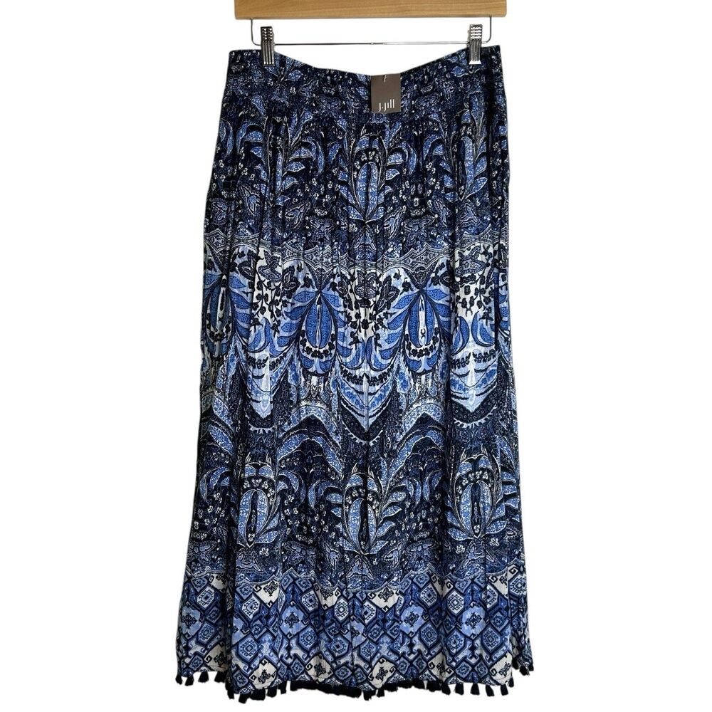 J.Jill Maxi Skirt Smocked Waist Fringe MED Blue Lotus Coastal Boho Peasant NWT